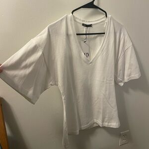 NWT Zara White Oversized V Neck Tee